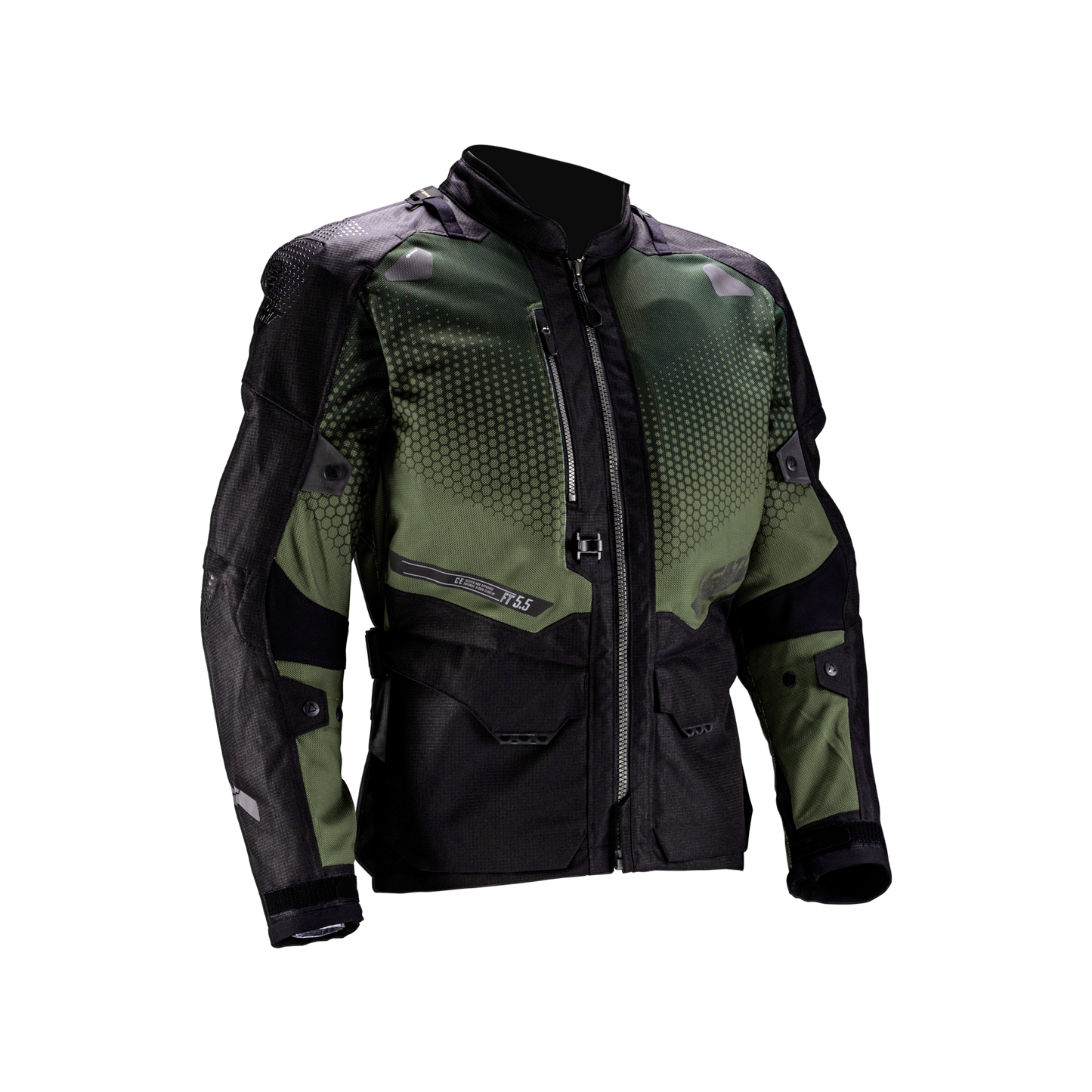 Green and black motorcycle jacket on a white background
