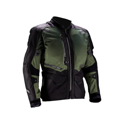 Green and black motorcycle jacket on a white background